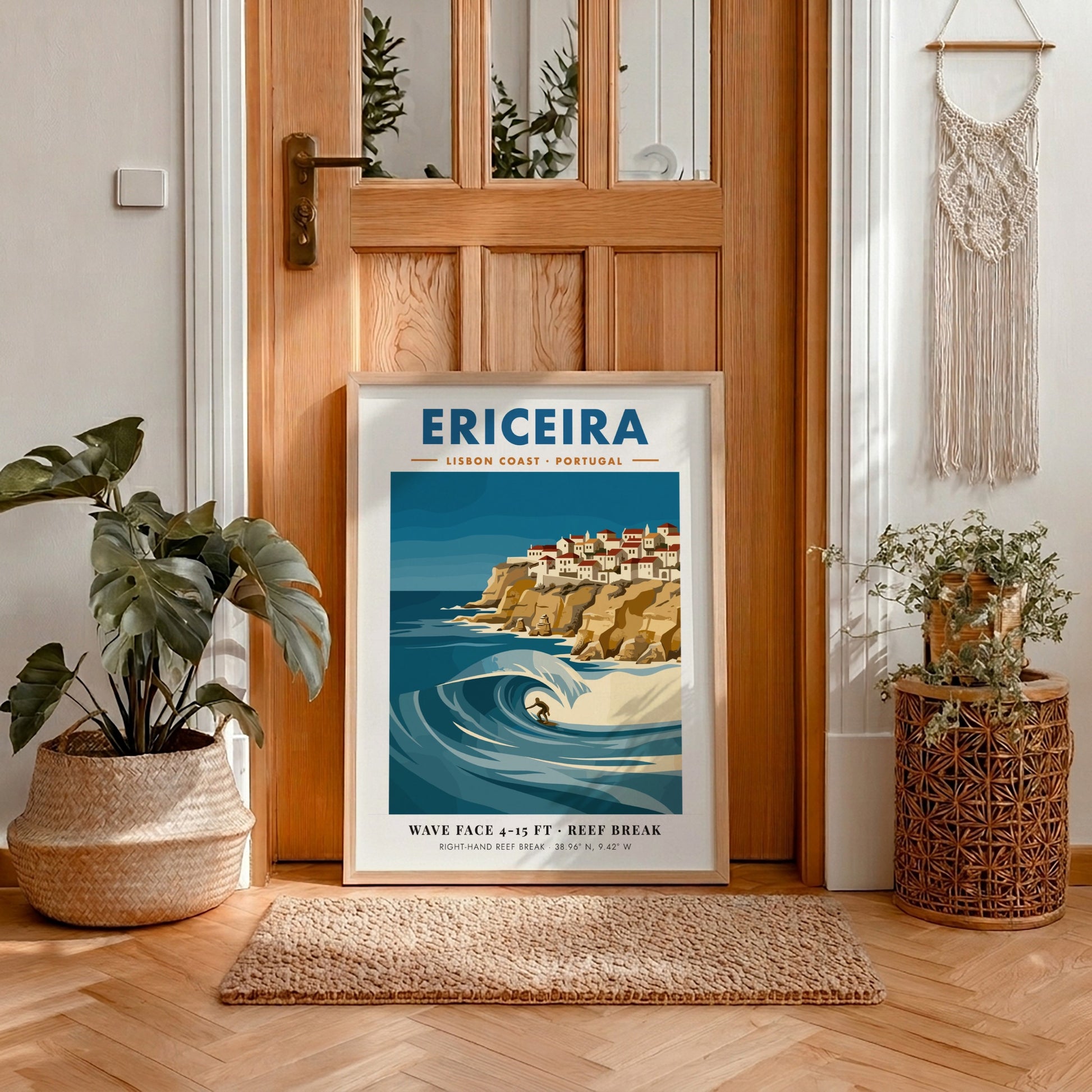 Vintage style poster of Ericeira Portugal featuring a surfer on a large wave