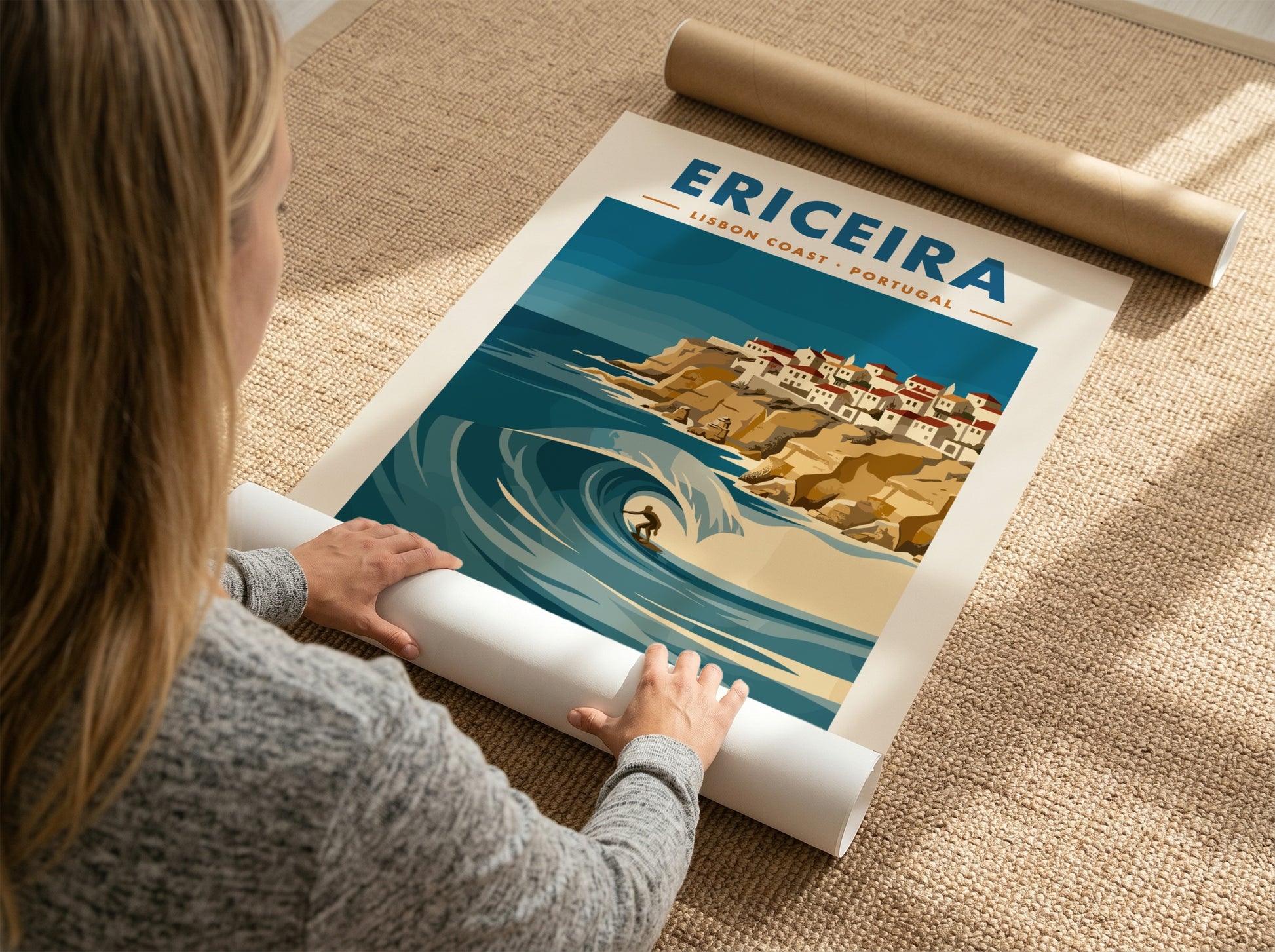 Vintage style poster of Ericeira Portugal featuring a surfer on a large wave