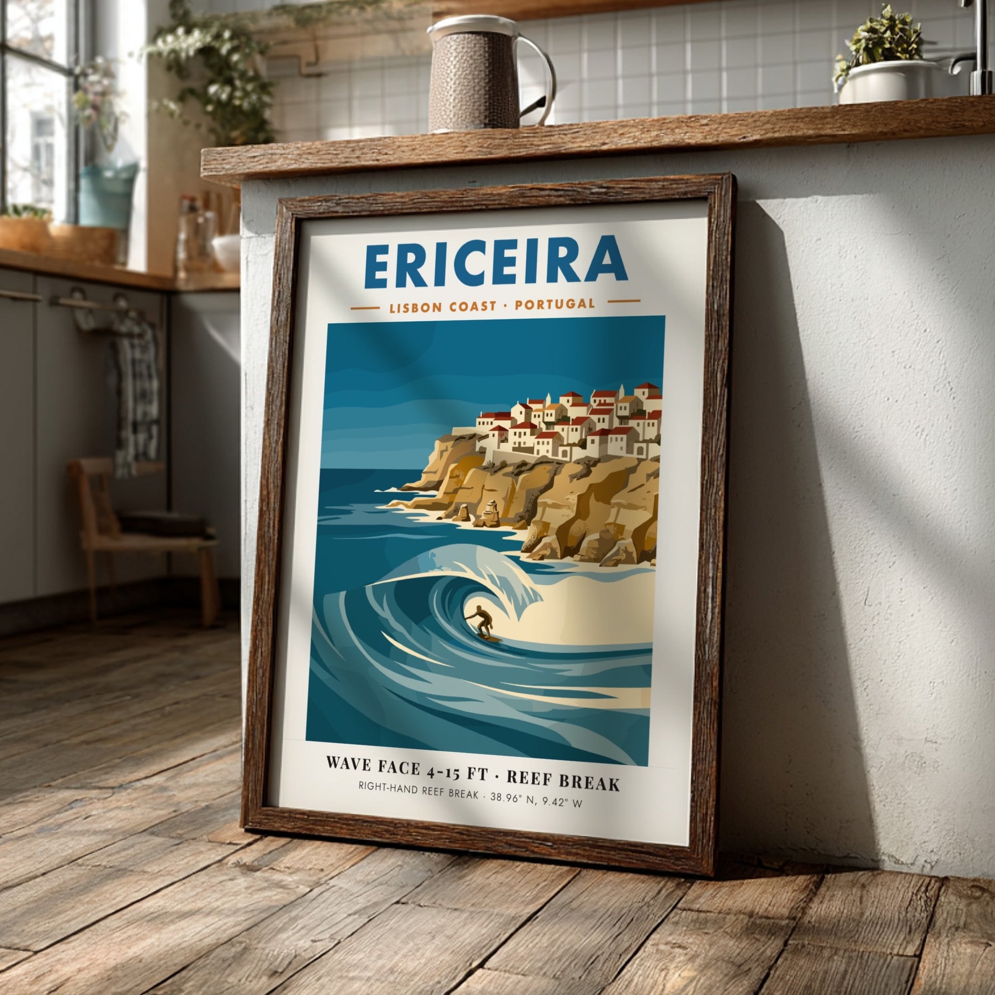 Vintage style poster of Ericeira Portugal featuring a surfer on a large wave