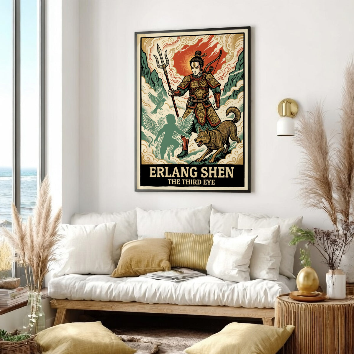 Poster of Erlang Shen, the third eye warrior, with his hound and spirit guide.