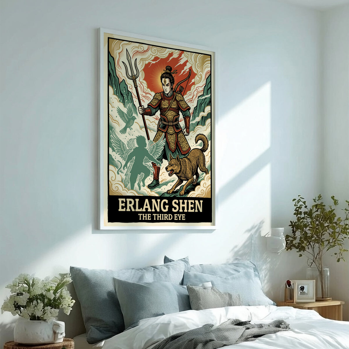 Poster of Erlang Shen, the third eye warrior, with his hound and spirit guide.