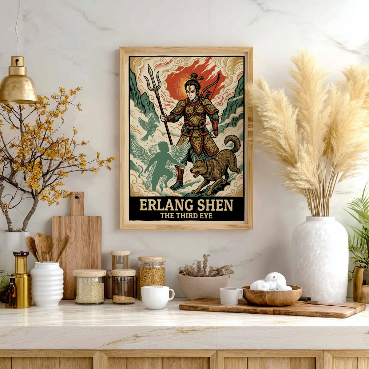 Poster of Erlang Shen, the third eye warrior, with his hound and spirit guide.