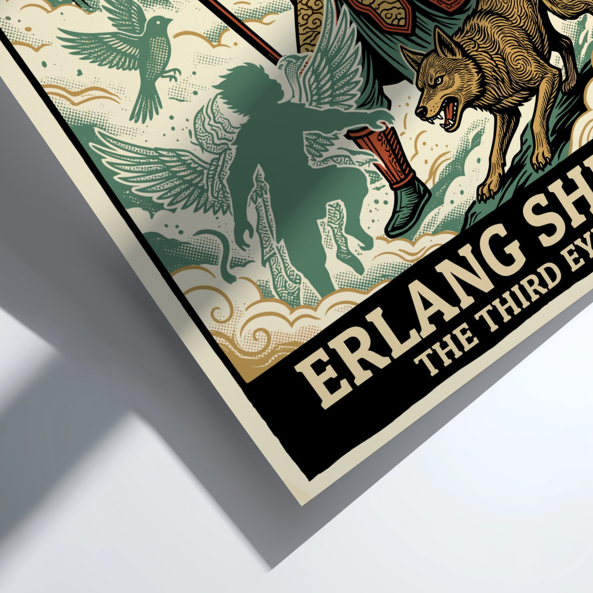 Poster of Erlang Shen, the third eye warrior, with his hound and spirit guide.