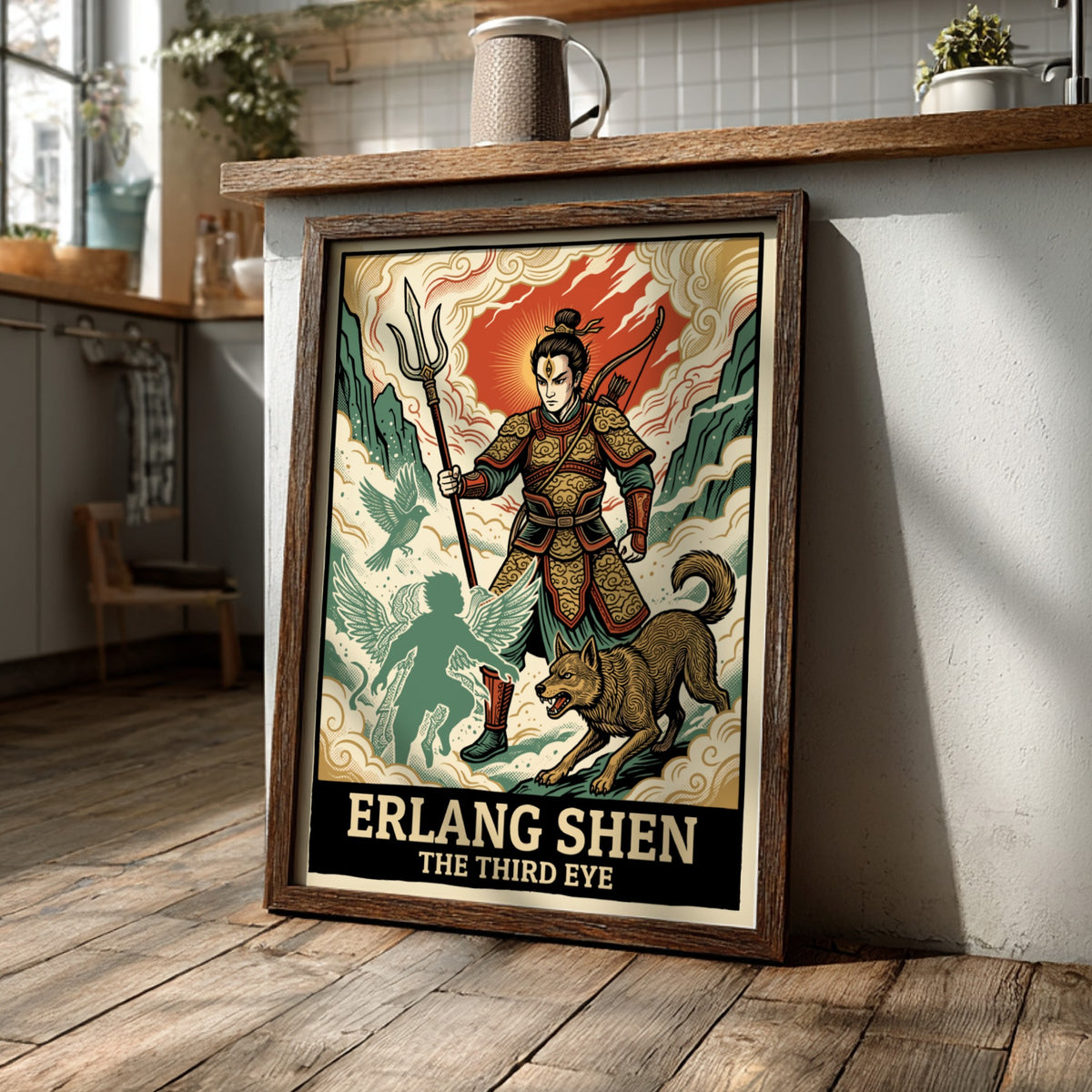 Poster of Erlang Shen, the third eye warrior, with his hound and spirit guide.