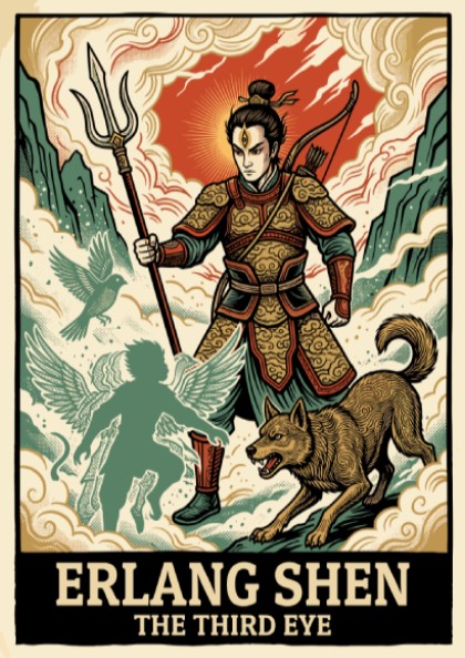 Poster of Erlang Shen, the third eye warrior, with his hound and spirit guide.