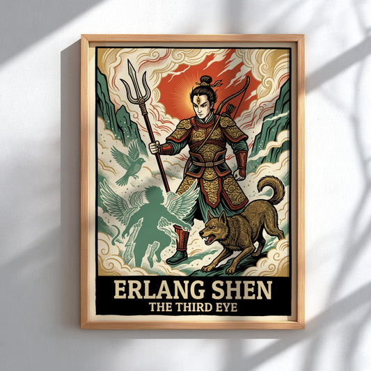 Poster of Erlang Shen, the third eye warrior, with his hound and spirit guide.