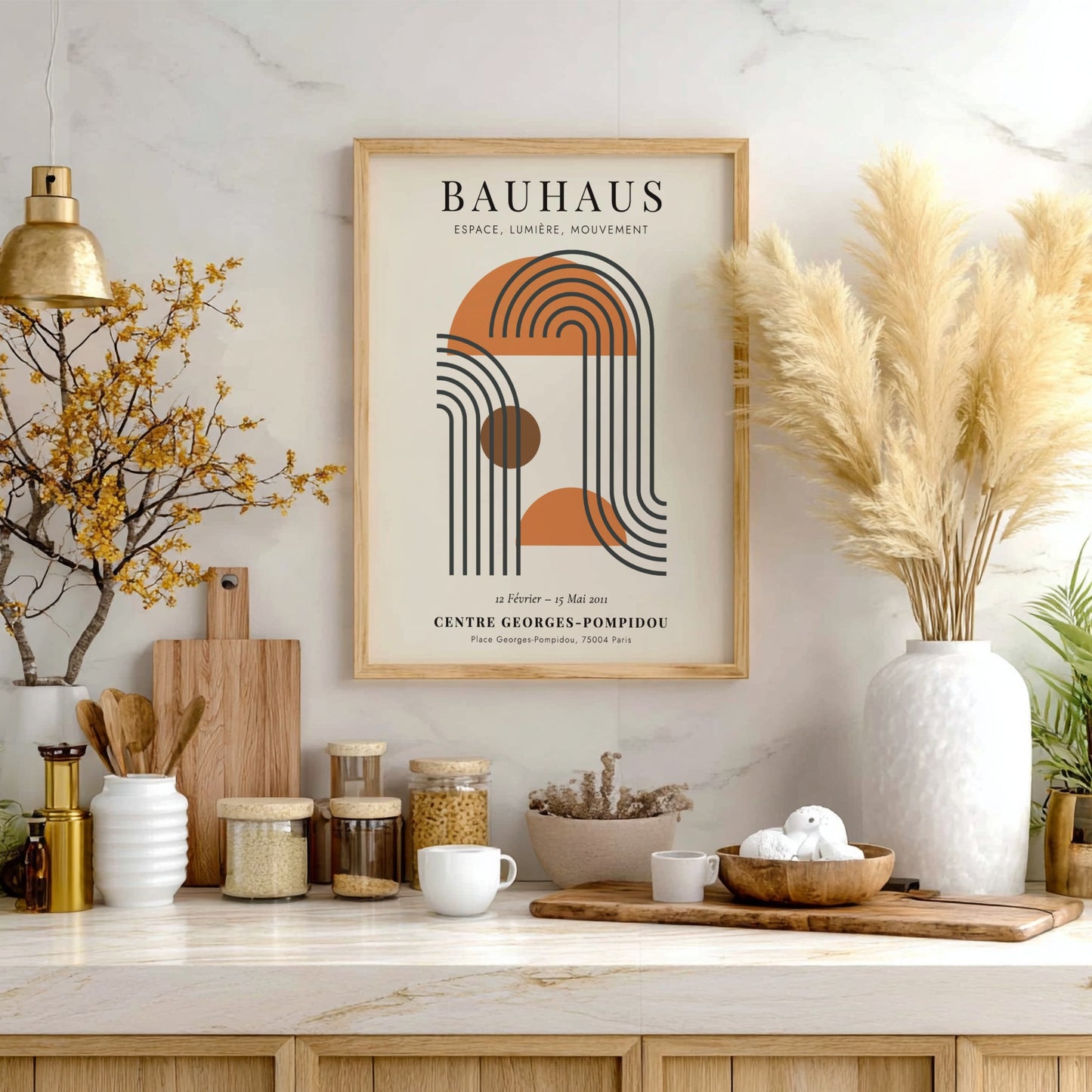 Bauhaus poster featuring geometric shapes and soft colors, modern art design