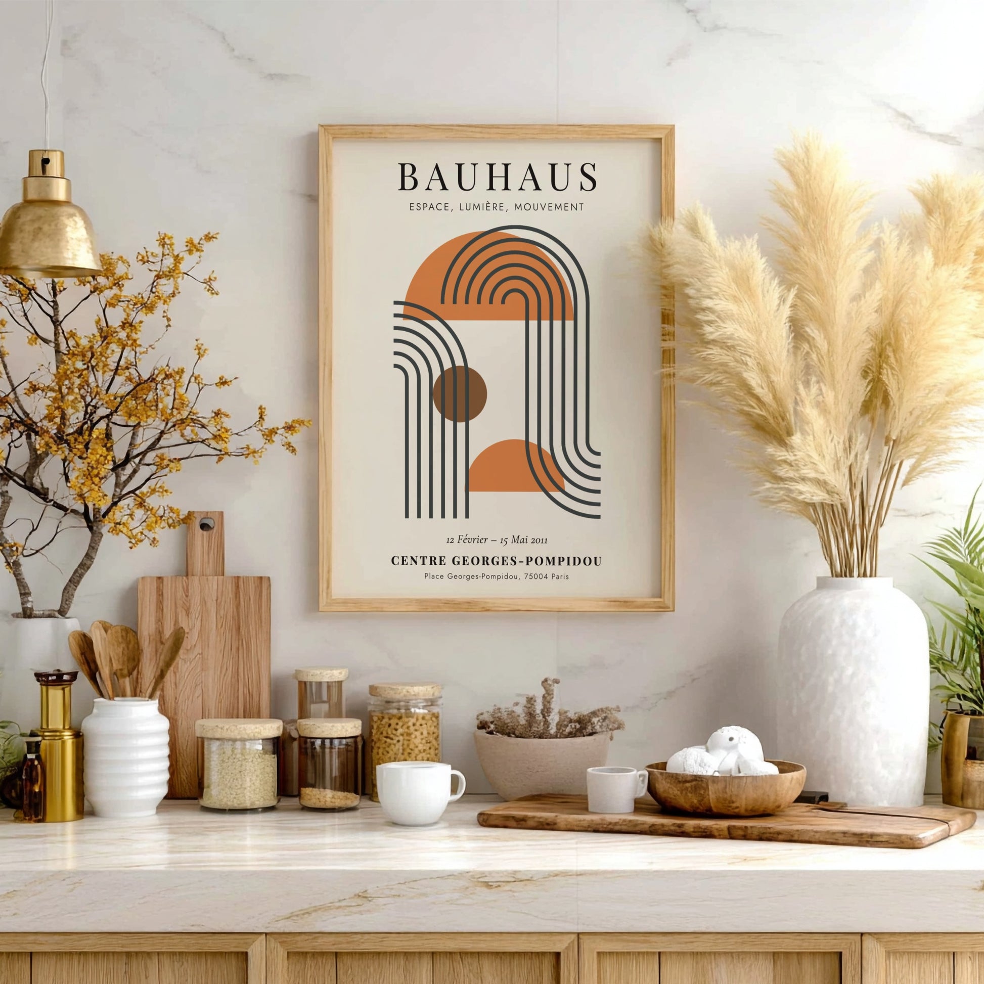 Bauhaus poster featuring geometric shapes and soft colors, modern art design