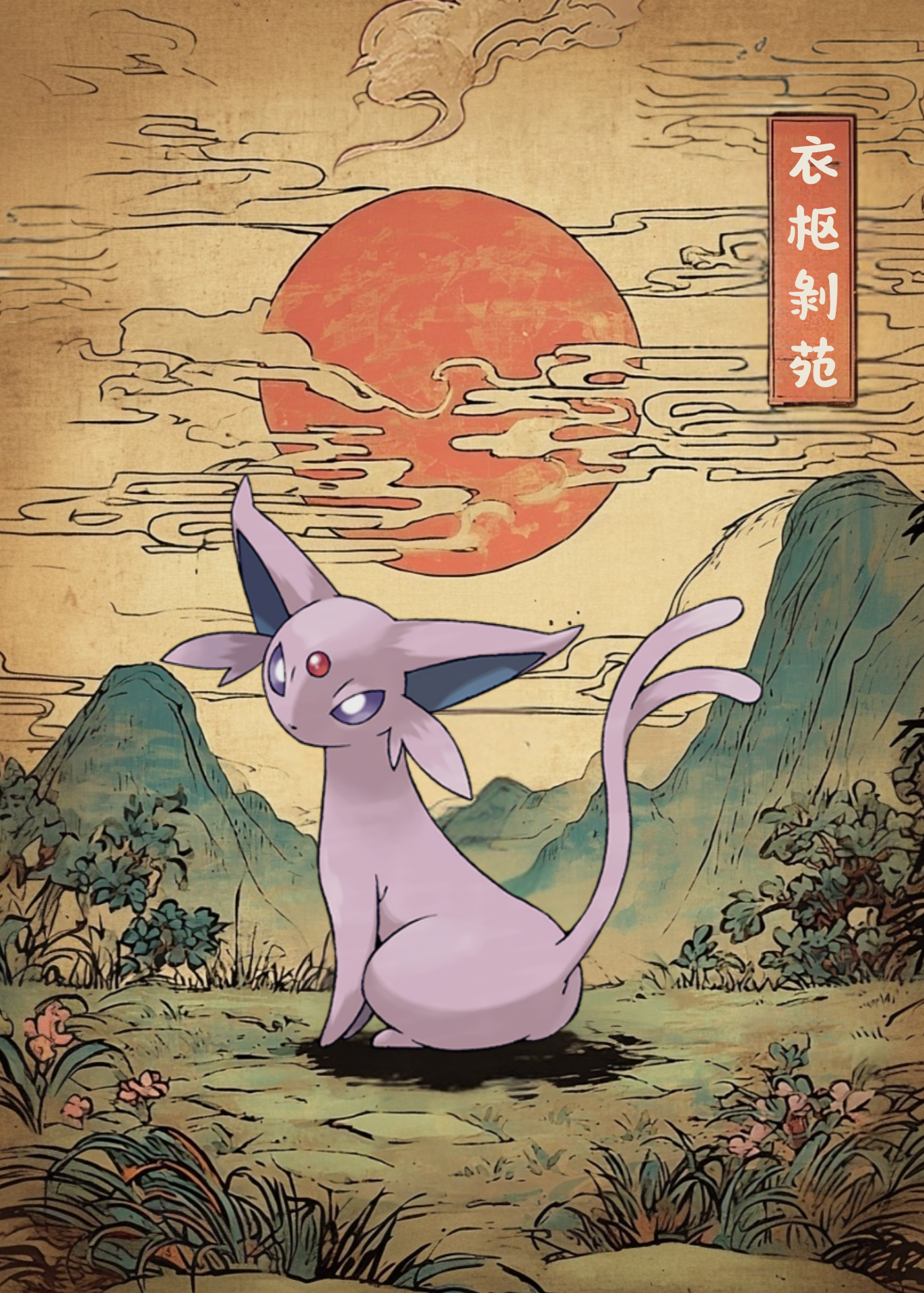 Espeon Pokemon character in a stylized landscape with mountains and a red sun.