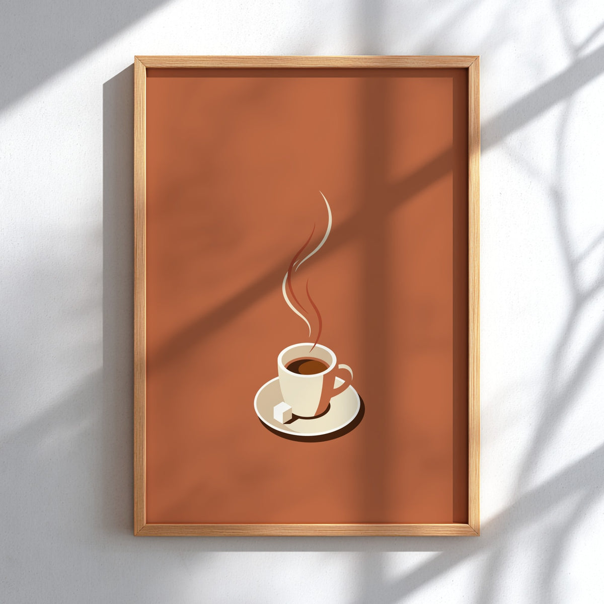 Poster featuring a minimalist espresso cup and saucer with a sugar cube on terracotta.