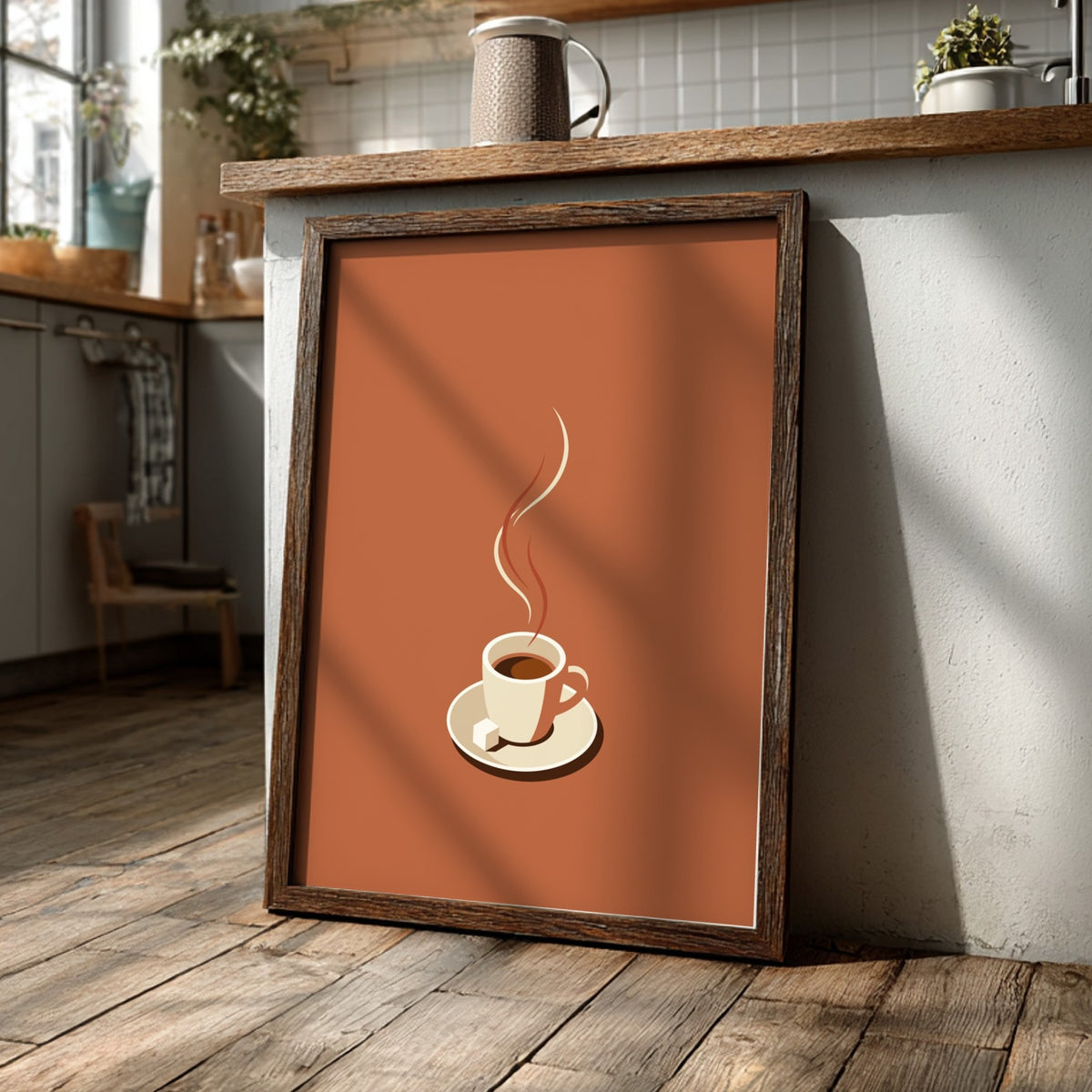 Poster featuring a minimalist espresso cup and saucer with a sugar cube on terracotta.