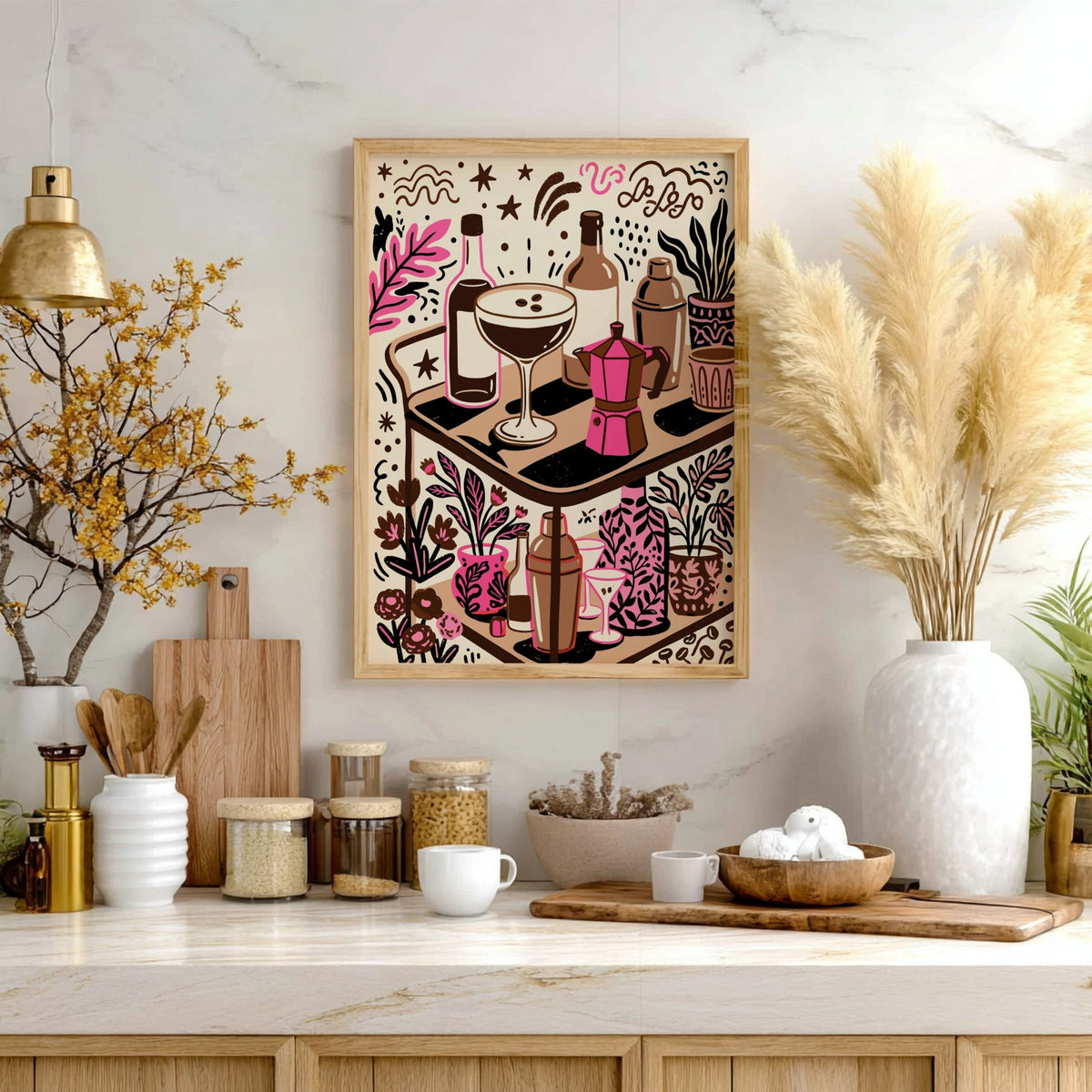 Espresso martini bar cart poster featuring pink botanicals and coffee brewing equipment in illustration.