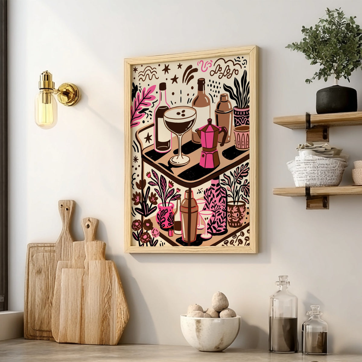 Espresso martini bar cart poster featuring pink botanicals and coffee brewing equipment in illustration.