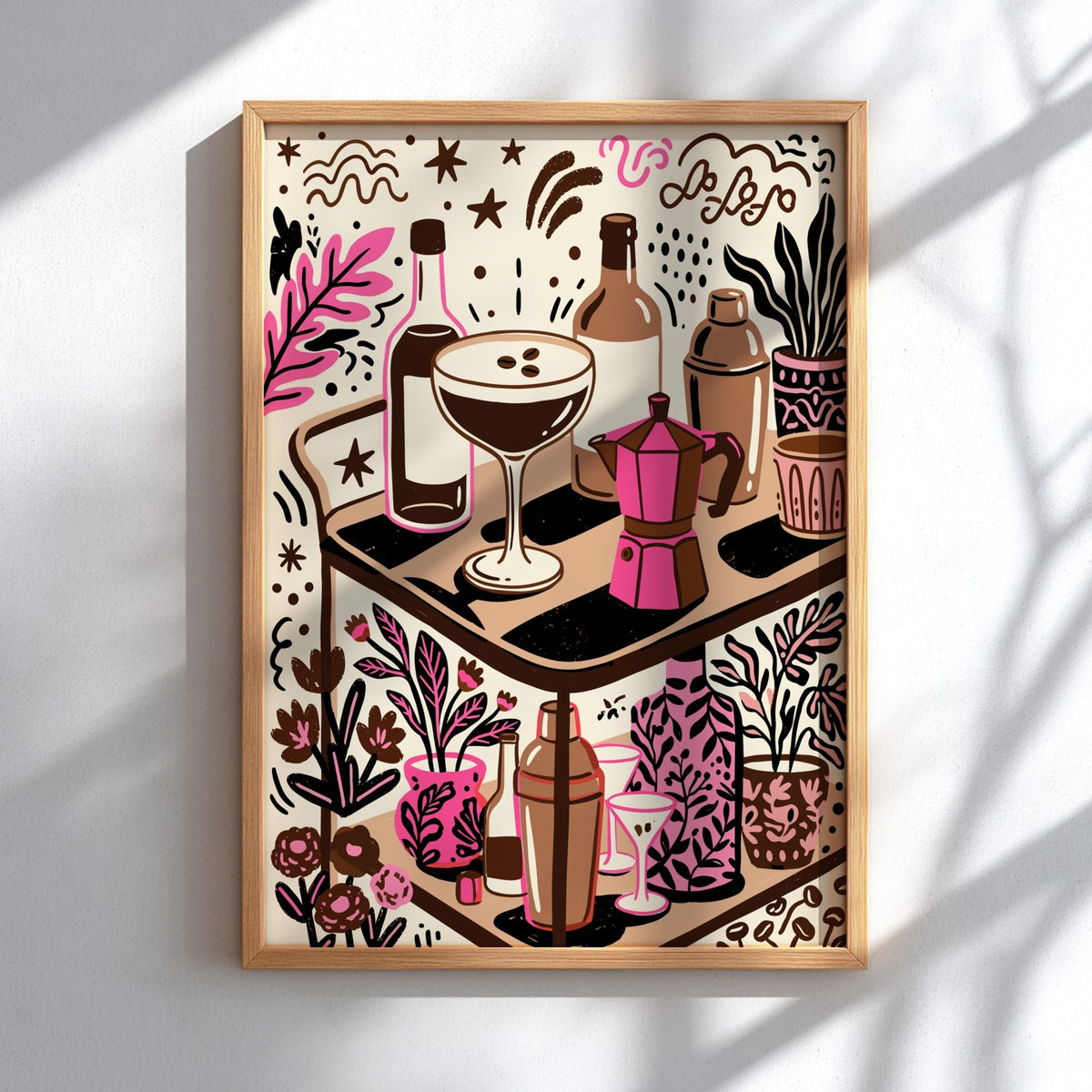 Espresso martini bar cart poster featuring pink botanicals and coffee brewing equipment in illustration.