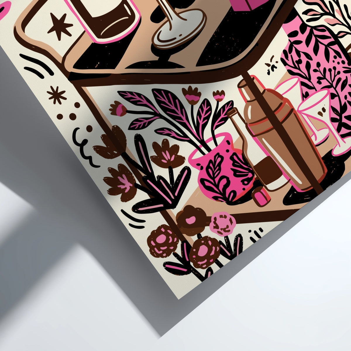 Espresso martini bar cart poster featuring pink botanicals and coffee brewing equipment in illustration.