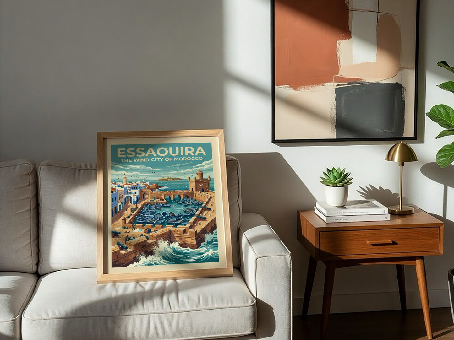 Travel poster of Essaouira Morocco featuring stone walls, blue fishing boats, and ocean waves.