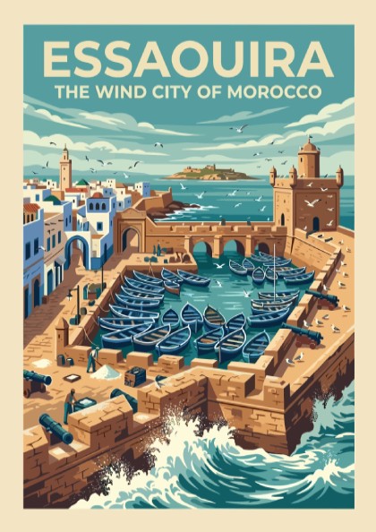 Travel poster of Essaouira Morocco featuring stone walls, blue fishing boats, and ocean waves.