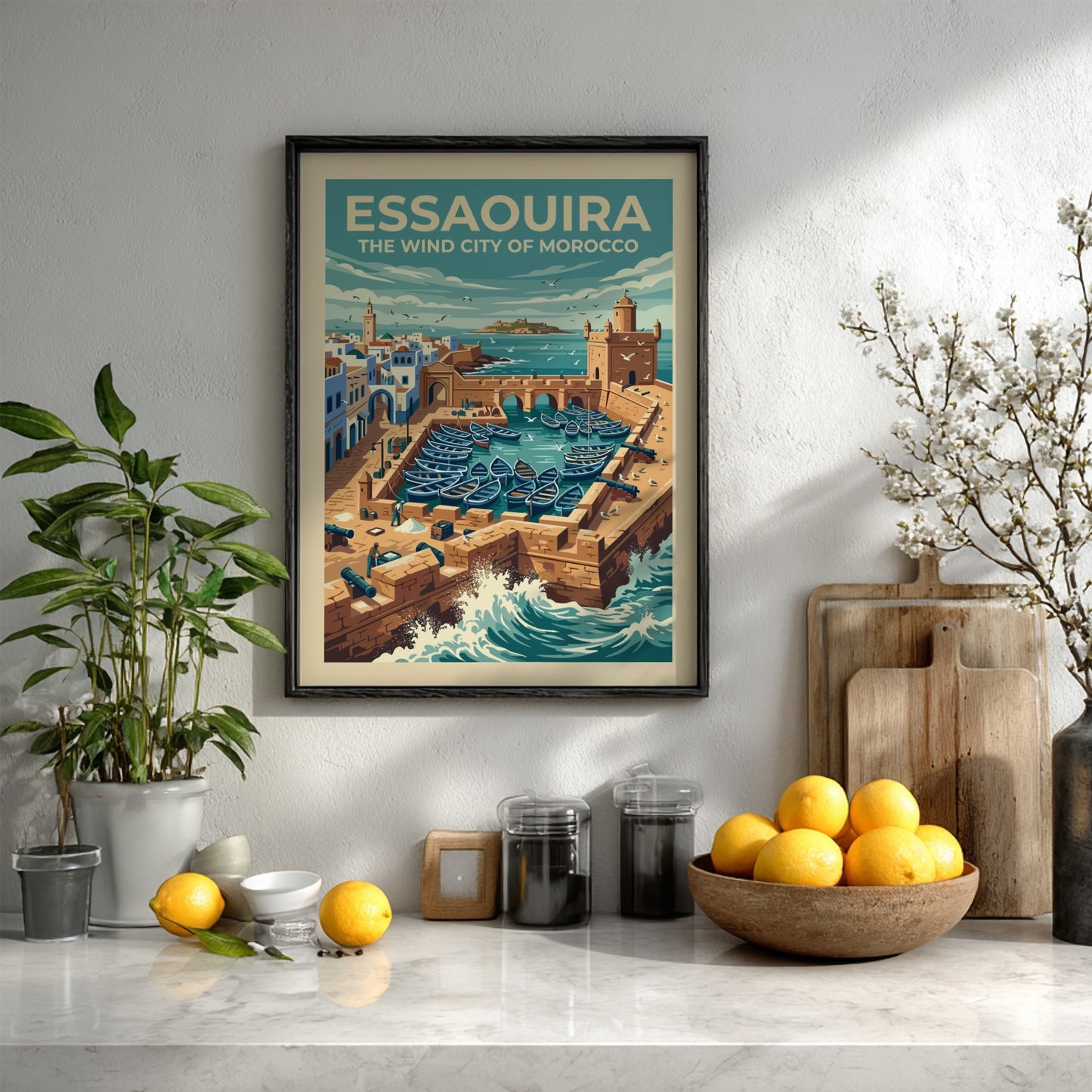 Travel poster of Essaouira Morocco featuring stone walls, blue fishing boats, and ocean waves.