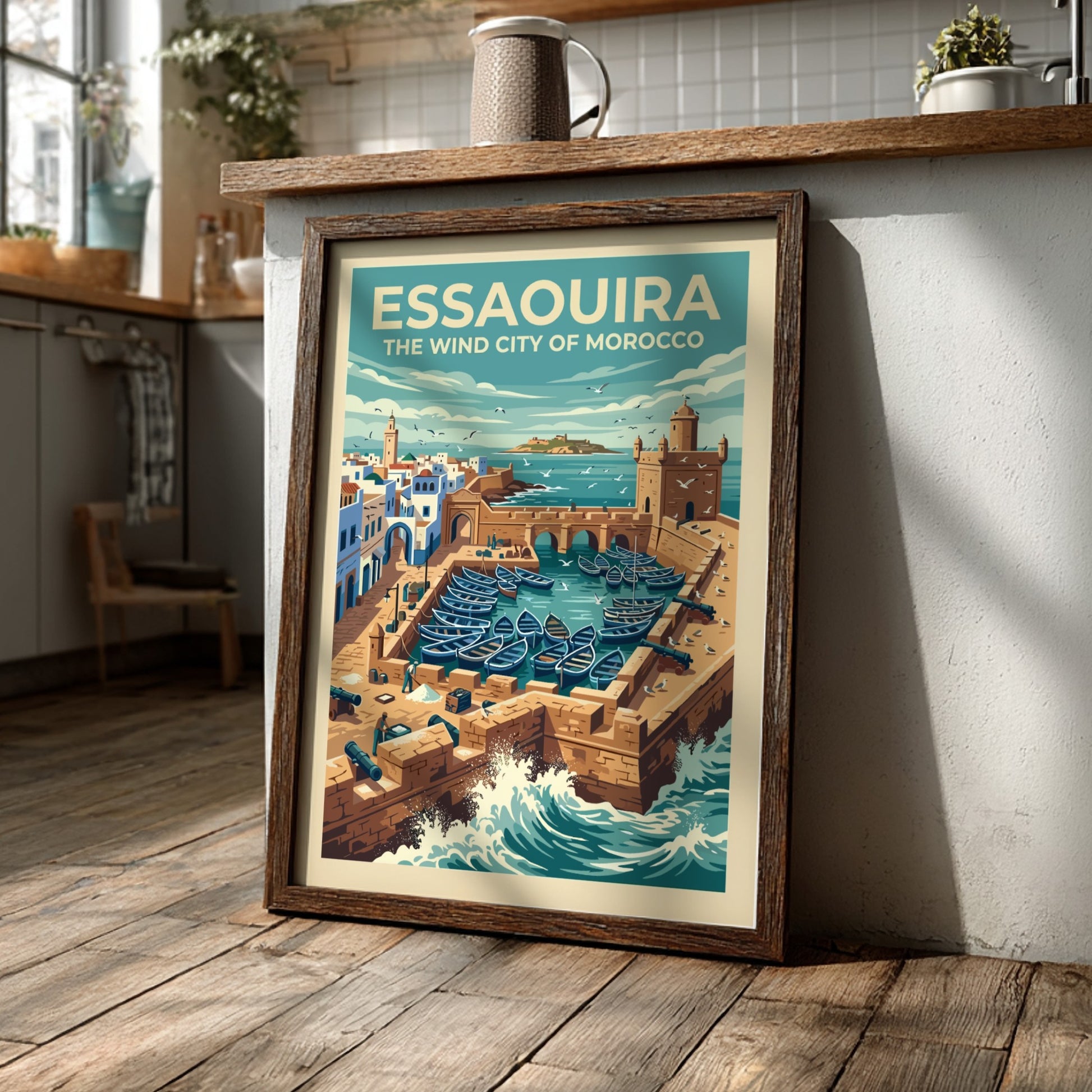 Travel poster of Essaouira Morocco featuring stone walls, blue fishing boats, and ocean waves.