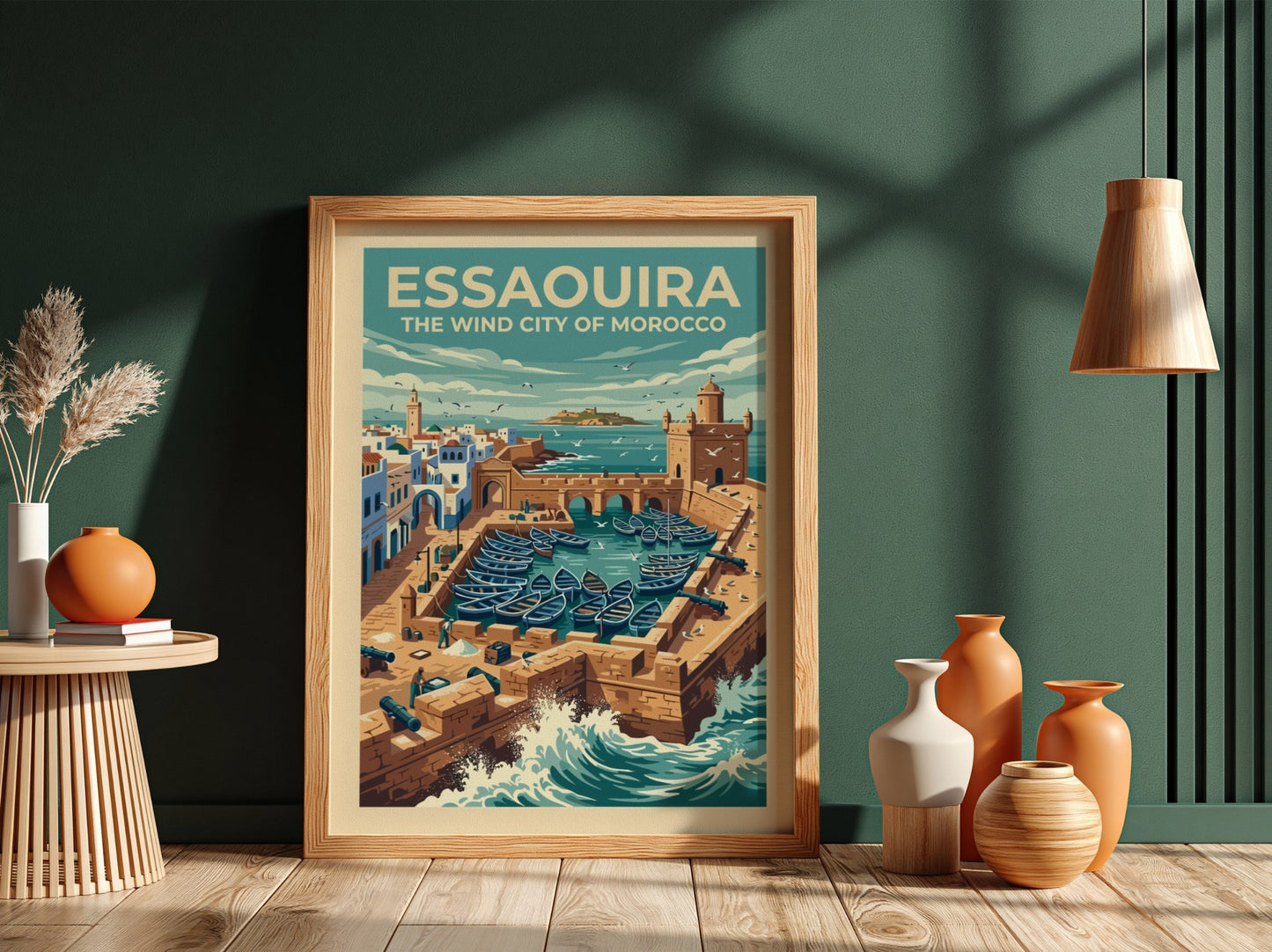 Travel poster of Essaouira Morocco featuring stone walls, blue fishing boats, and ocean waves.