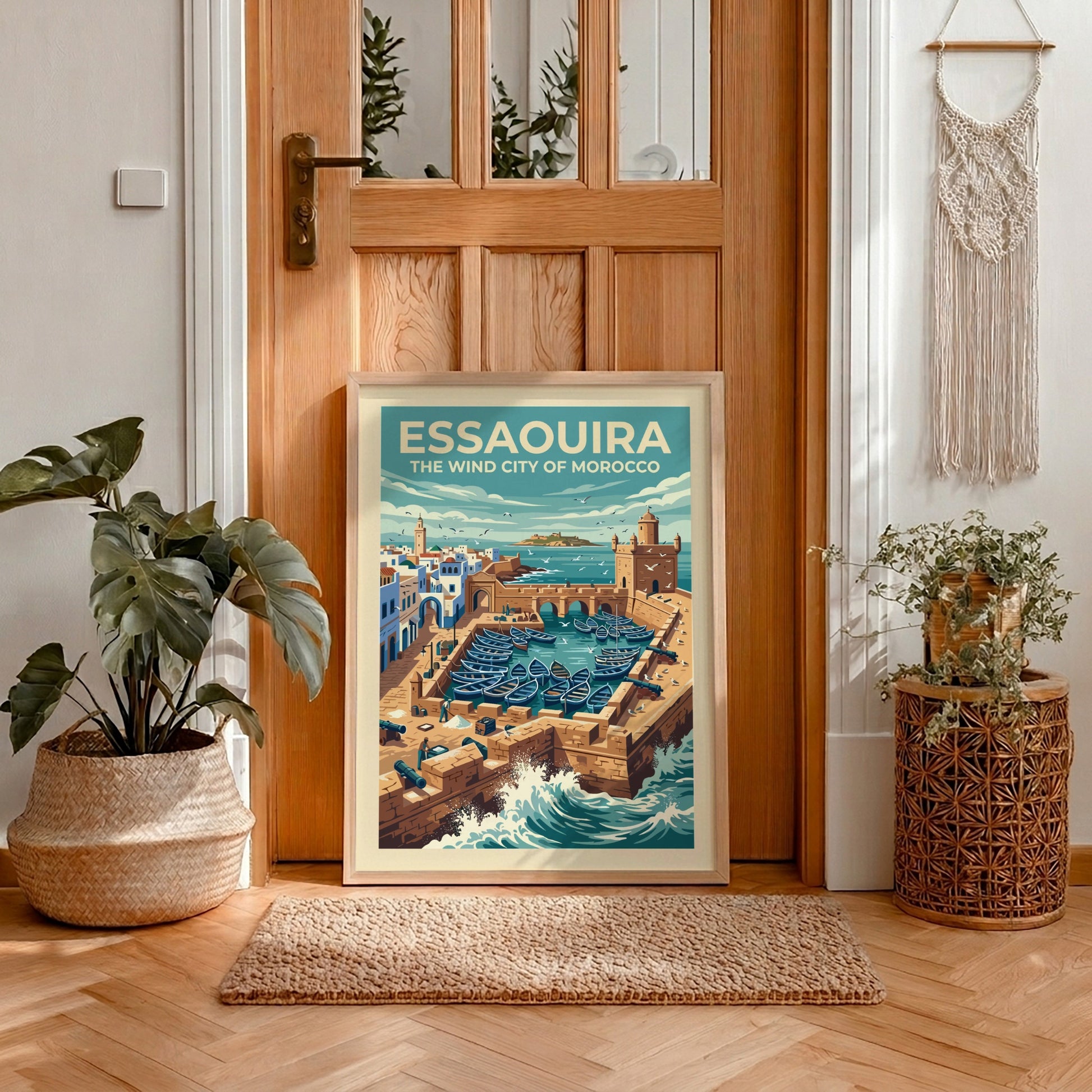 Travel poster of Essaouira Morocco featuring stone walls, blue fishing boats, and ocean waves.