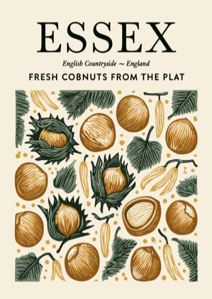 Essex kitchen poster featuring fresh cobnuts in earthy tones and greenery, perfect for kitchen decor.