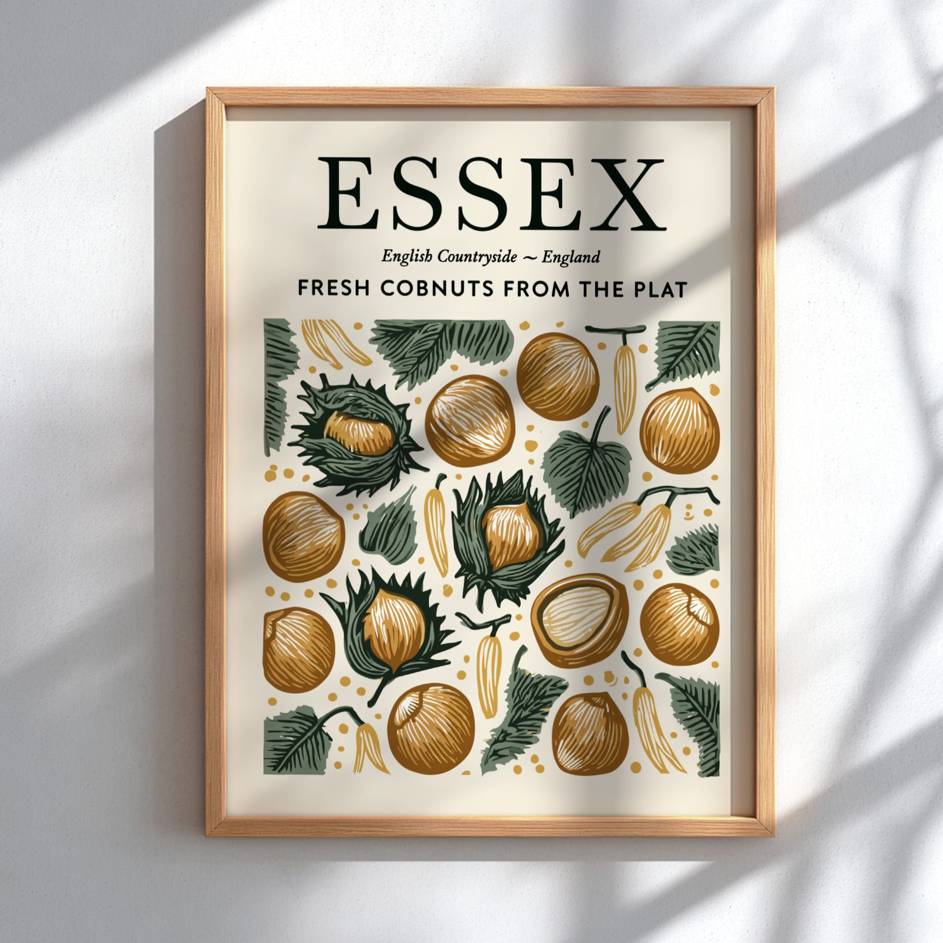 Essex kitchen poster featuring fresh cobnuts in earthy tones and greenery, perfect for kitchen decor.