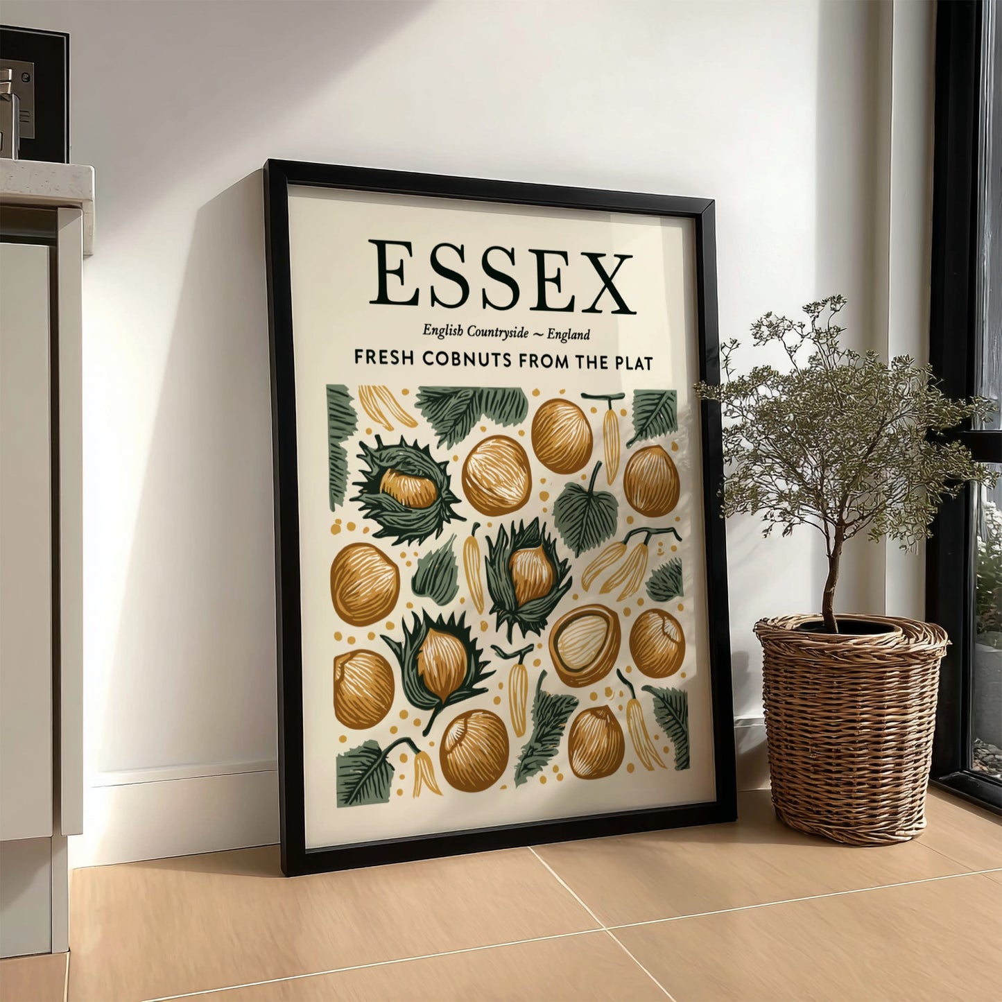Essex kitchen poster featuring fresh cobnuts in earthy tones and greenery, perfect for kitchen decor.