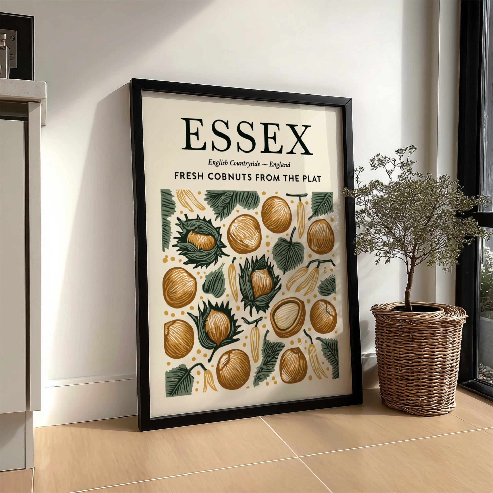 Essex kitchen poster featuring fresh cobnuts in earthy tones and greenery, perfect for kitchen decor.