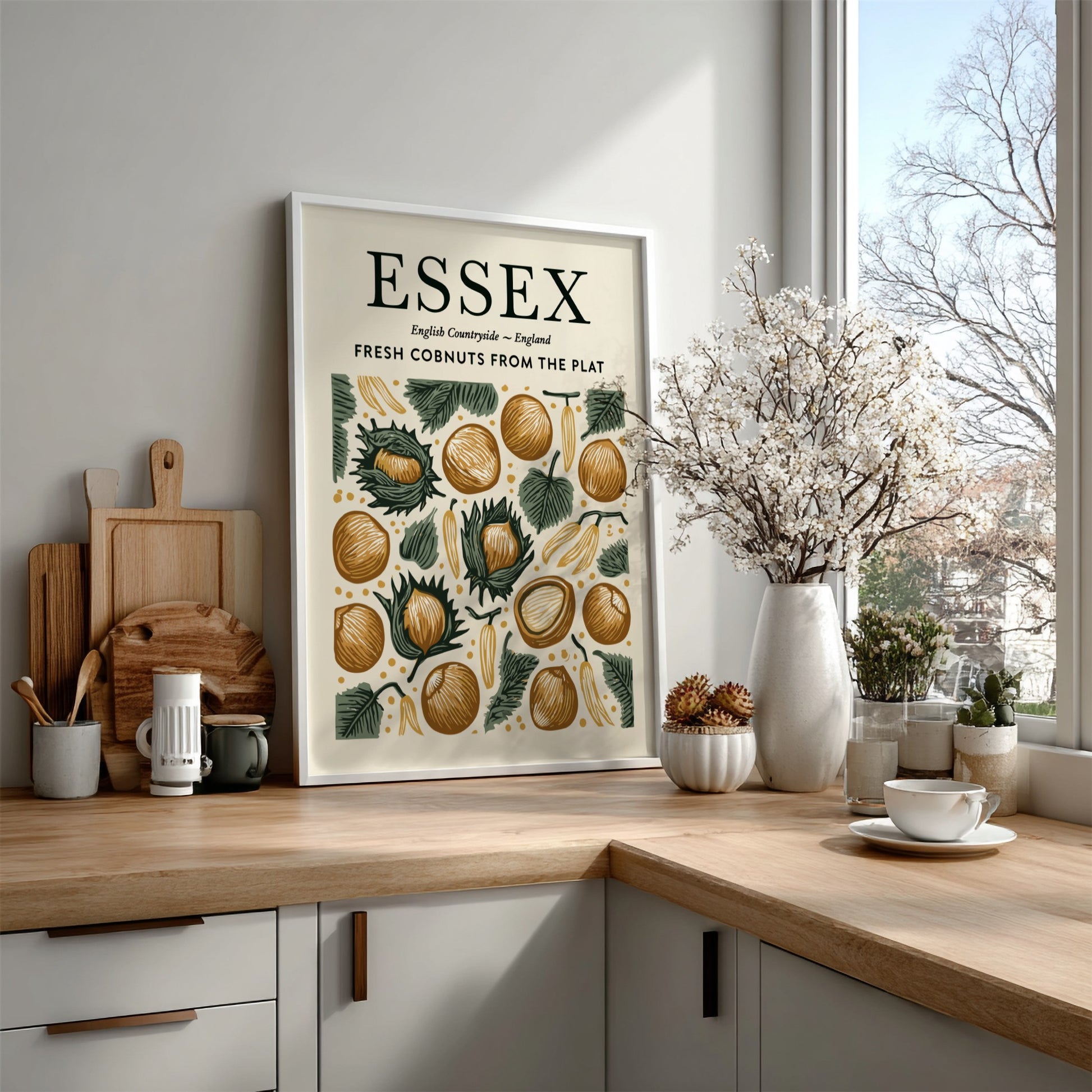 Essex kitchen poster featuring fresh cobnuts in earthy tones and greenery, perfect for kitchen decor.