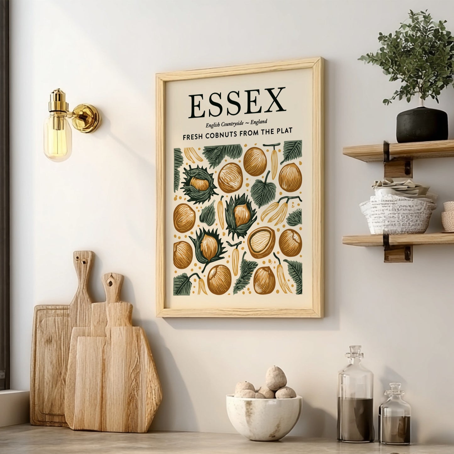 Essex kitchen poster featuring fresh cobnuts in earthy tones and greenery, perfect for kitchen decor.