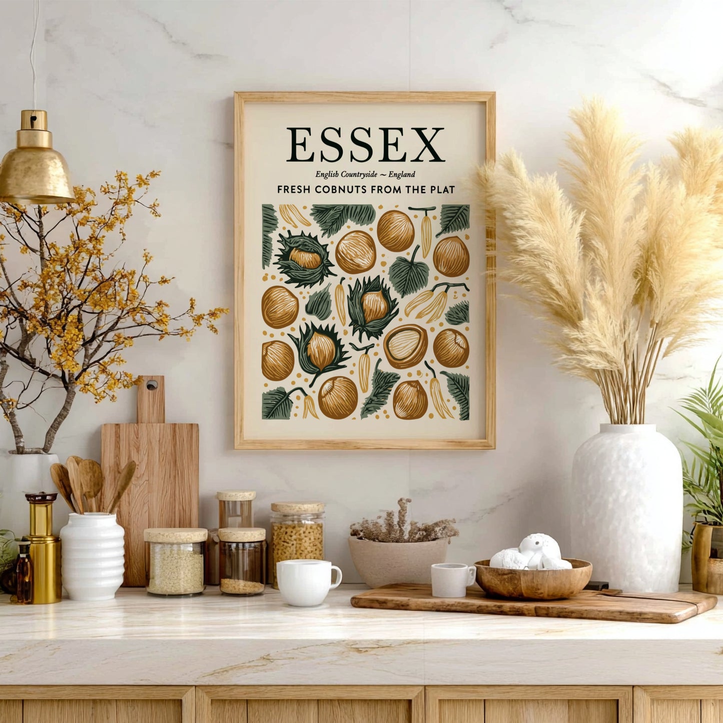 Essex kitchen poster featuring fresh cobnuts in earthy tones and greenery, perfect for kitchen decor.