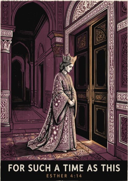 Poster featuring Queen Esther standing before palace doors in shades of deep purple.