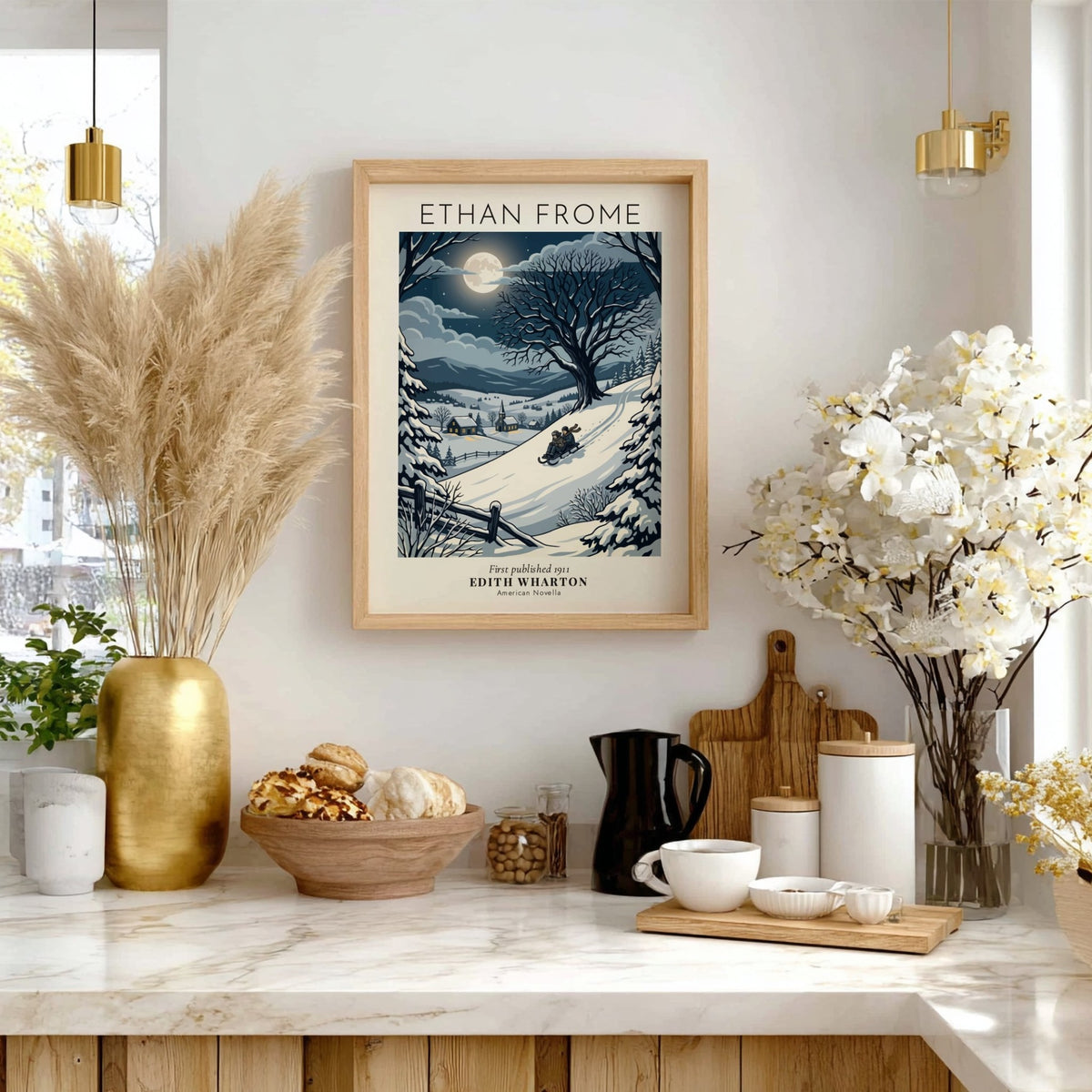 Poster of a winter landscape with two people sledding under a full moon