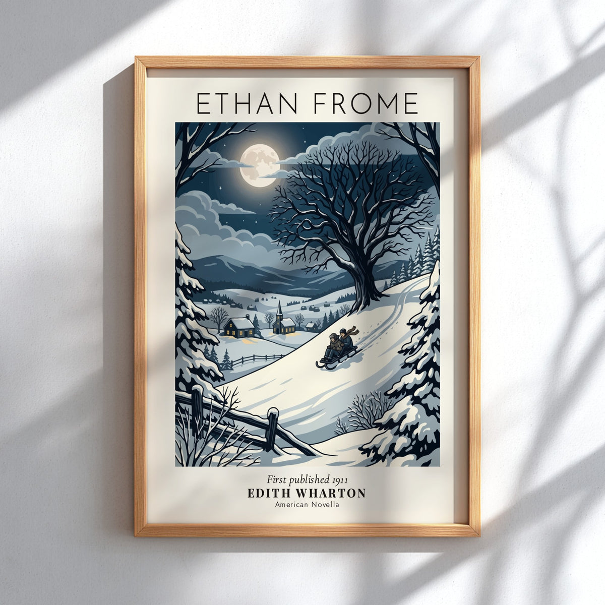 Poster of a winter landscape with two people sledding under a full moon