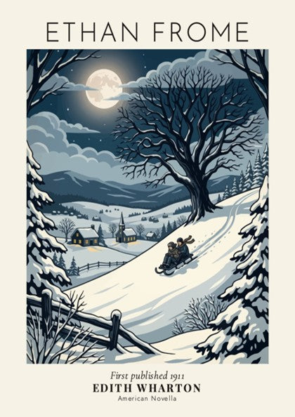 Poster of a winter landscape with two people sledding under a full moon