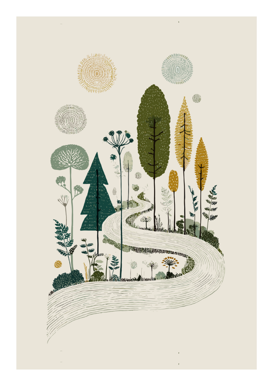 Illustration of a winding path through a forest with various trees and plants on a beige background.