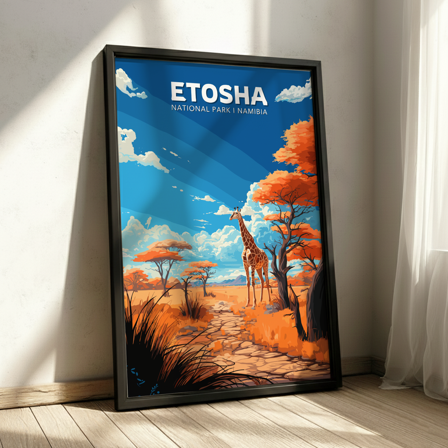 Framed poster of Etosha National Park, Namibia with a giraffe and acacia trees.