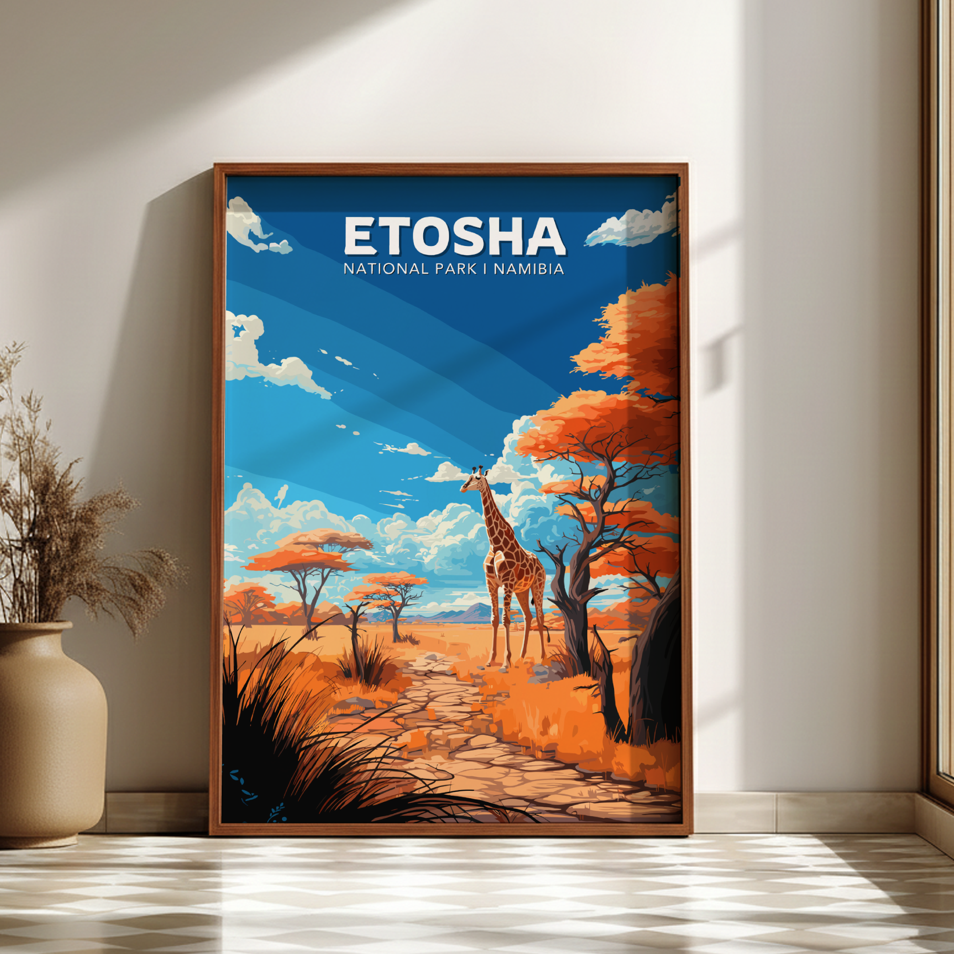 Framed poster of Etosha National Park, Namibia with a giraffe in an orange savanna landscape.