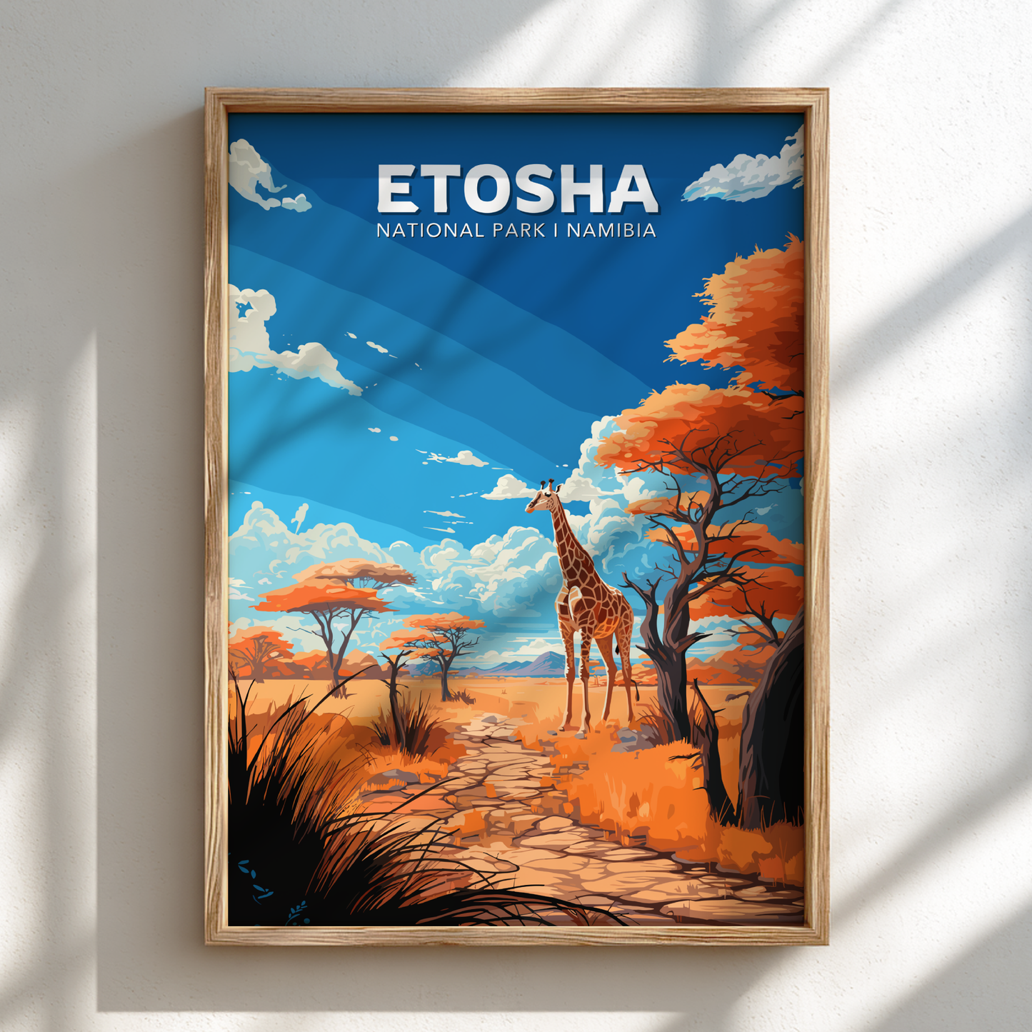 Framed artwork of Etosha National Park with a giraffe and acacia trees.