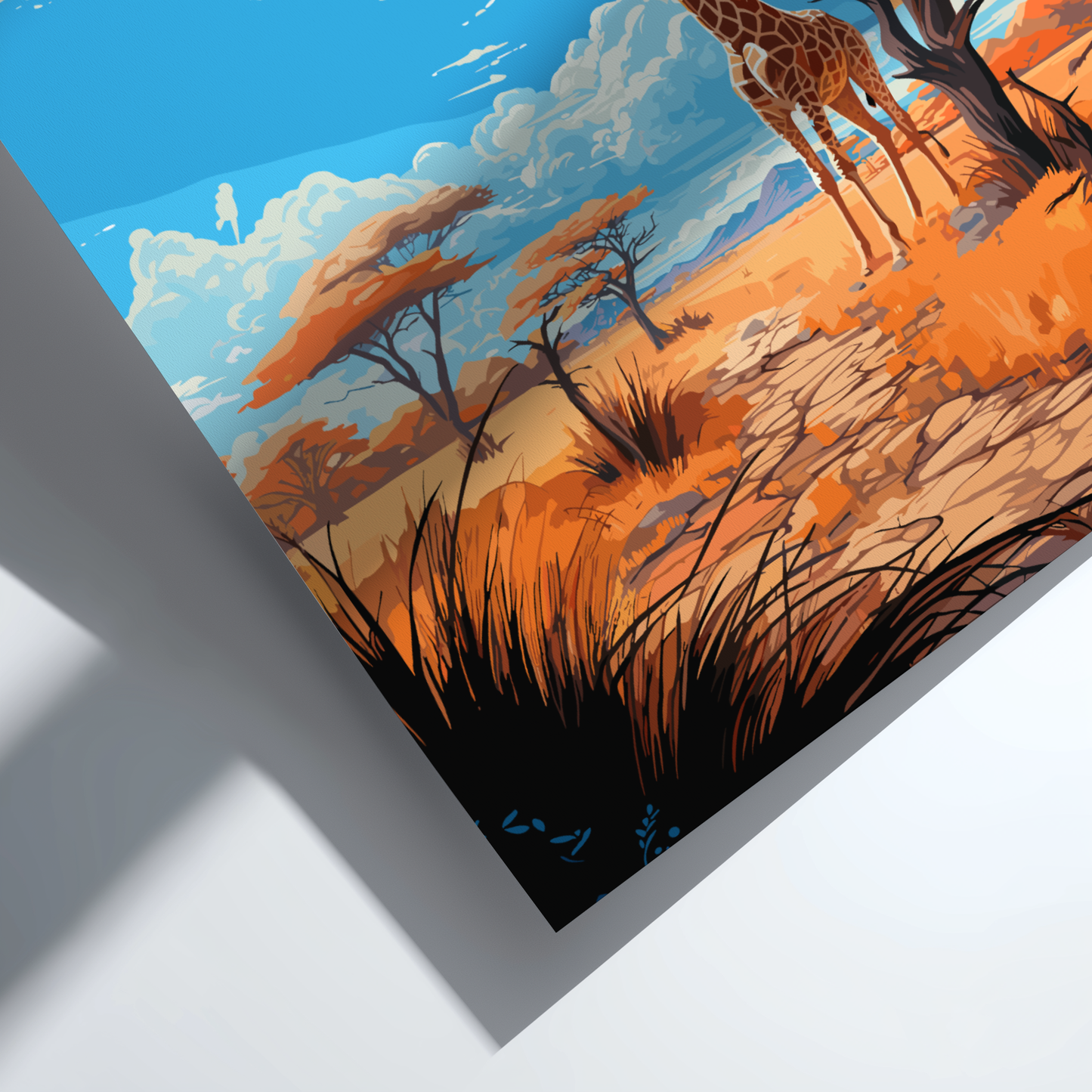 Safari scene with a giraffe, trees, and grass on a white background