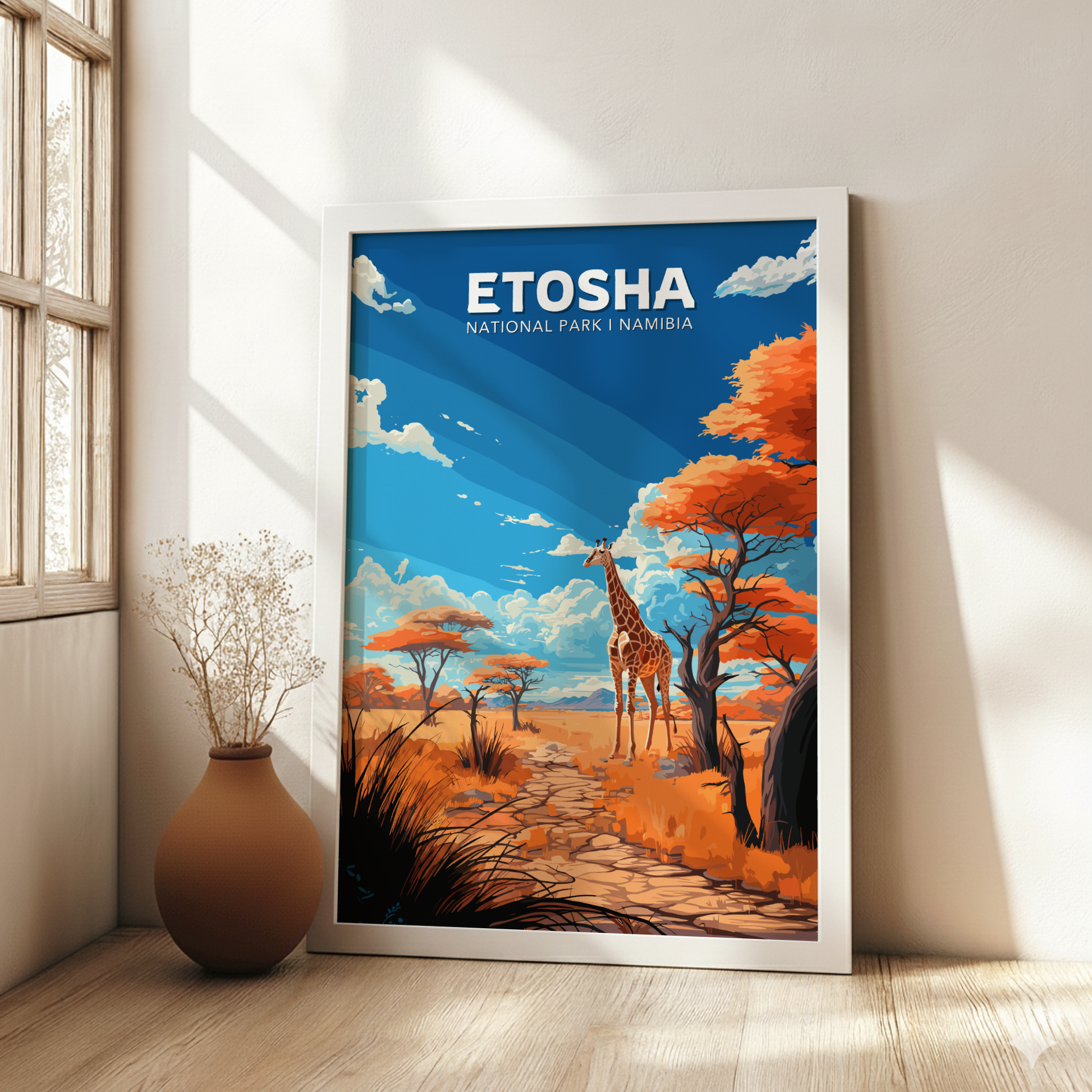 Framed artwork of Etosha National Park, Namibia, with a giraffe in an orange tree setting.