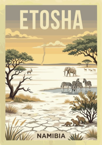 Etosha National Park poster featuring elephants, zebras, and warm landscapes in a wildlife art style