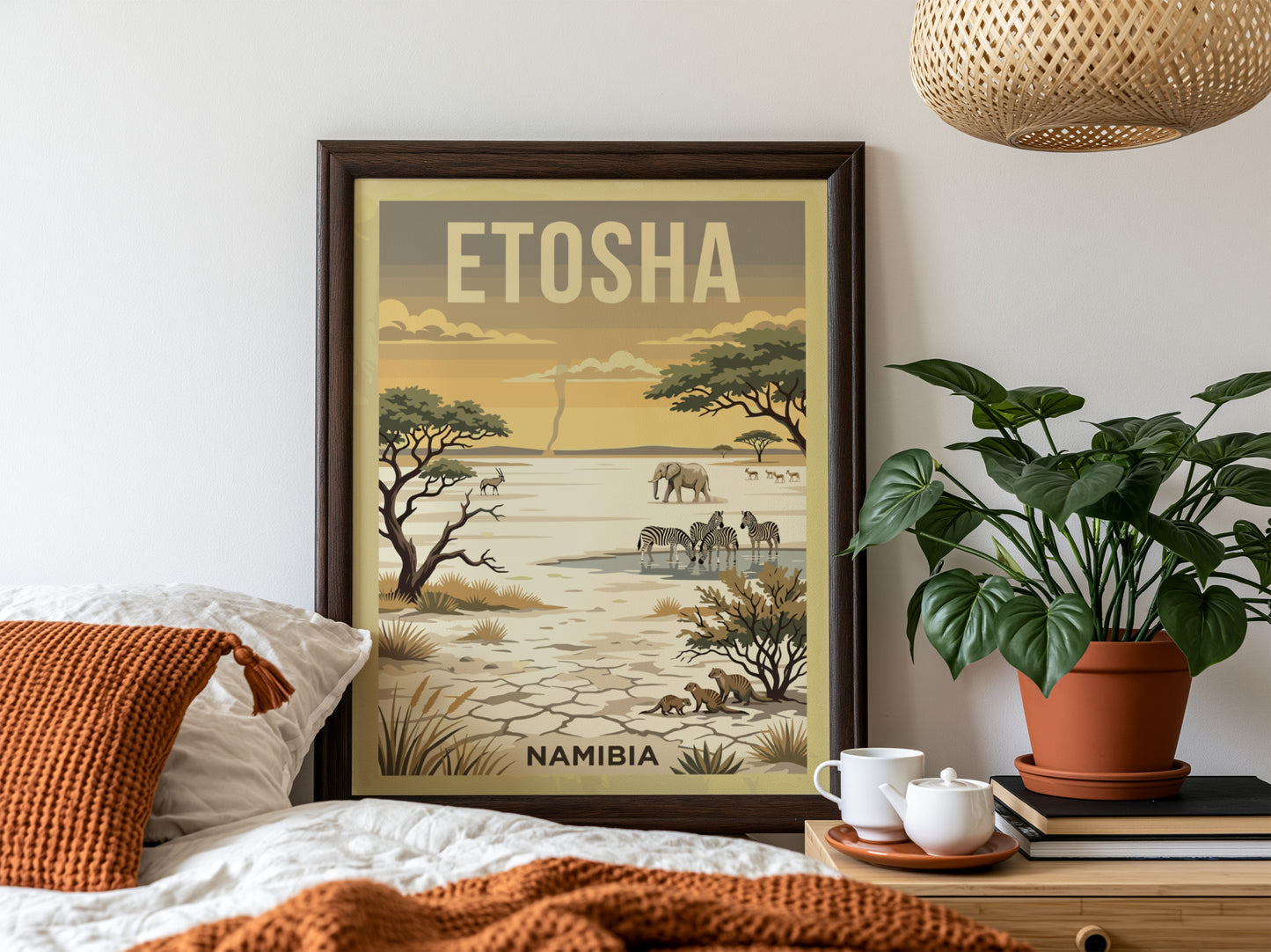 Etosha National Park poster featuring elephants, zebras, and warm landscapes in a wildlife art style