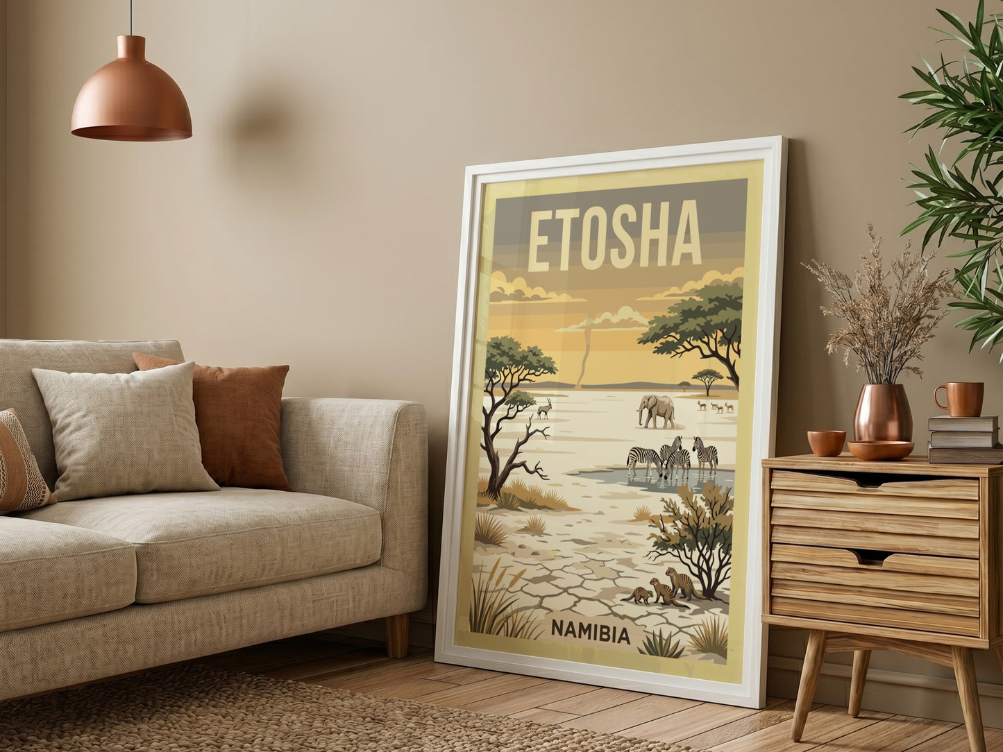 Etosha National Park poster featuring elephants, zebras, and warm landscapes in a wildlife art style