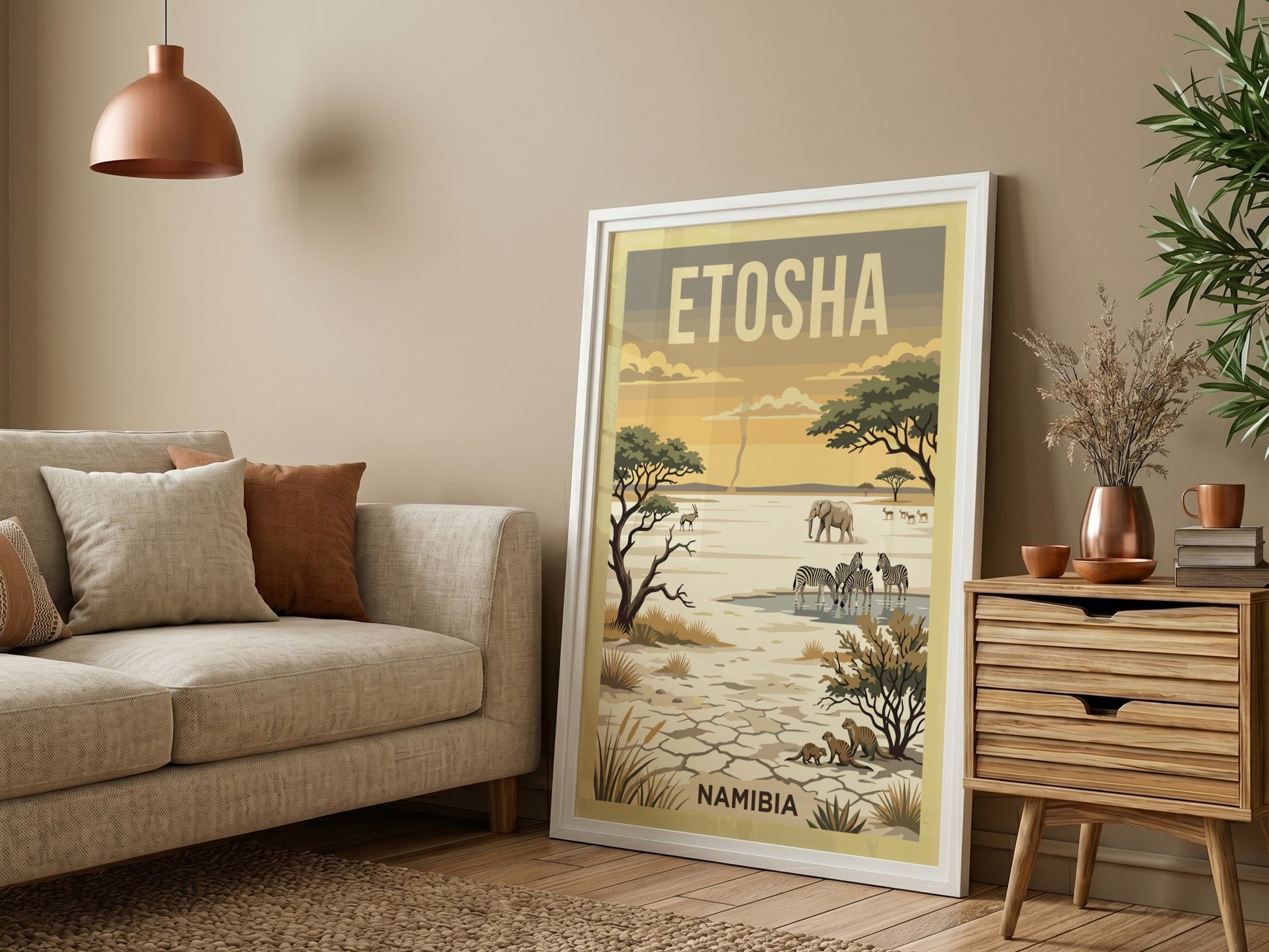 Etosha National Park poster featuring elephants, zebras, and warm landscapes in a wildlife art style