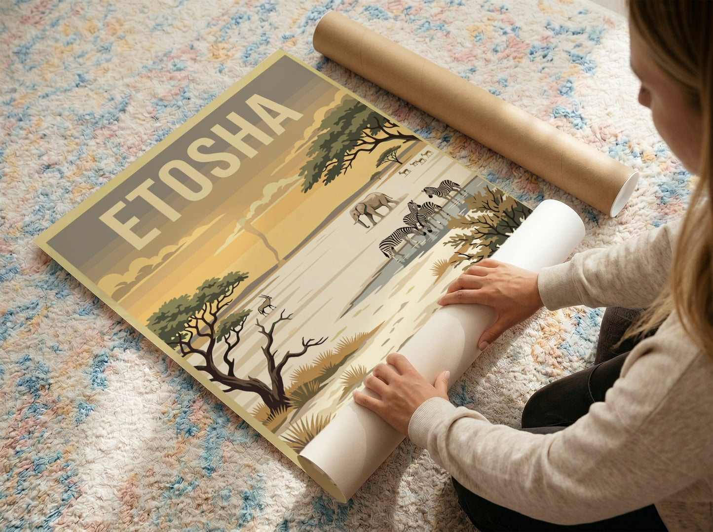 Etosha National Park poster featuring elephants, zebras, and warm landscapes in a wildlife art style