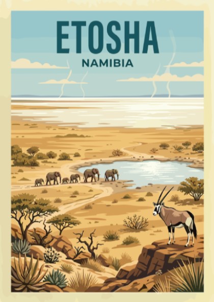 Etosha National Park poster showcasing elephants and oryx in warm colors, ideal for nature lovers and home