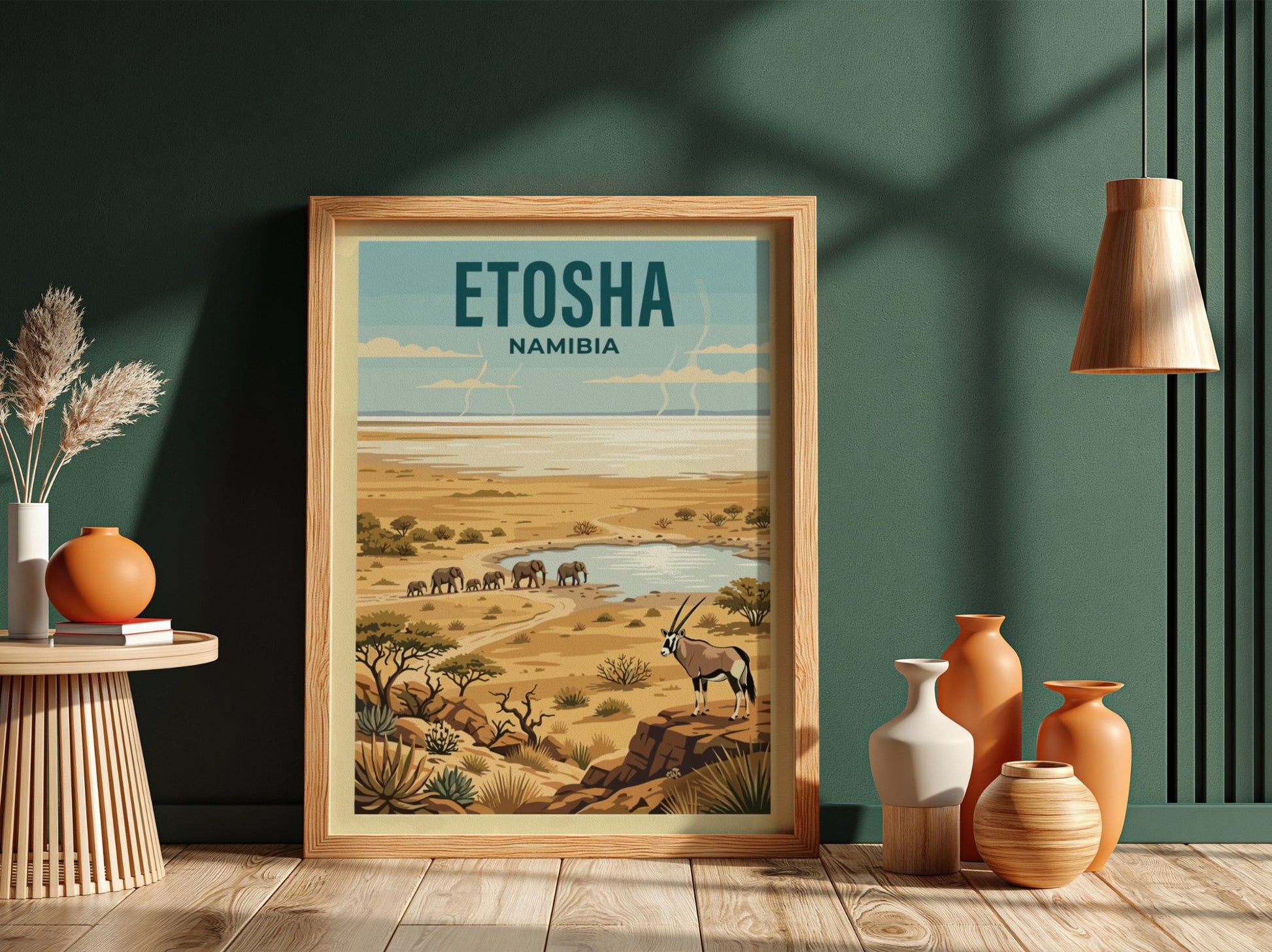 Etosha National Park poster showcasing elephants and oryx in warm colors, ideal for nature lovers and home