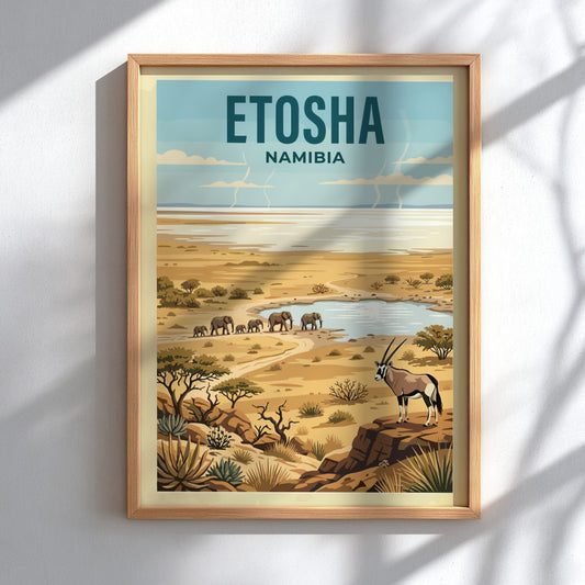 Etosha National Park poster showcasing elephants and oryx in warm colors, ideal for nature lovers and home